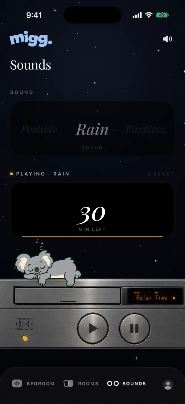 The Sounds screen in migg, with the koala asleep on the player