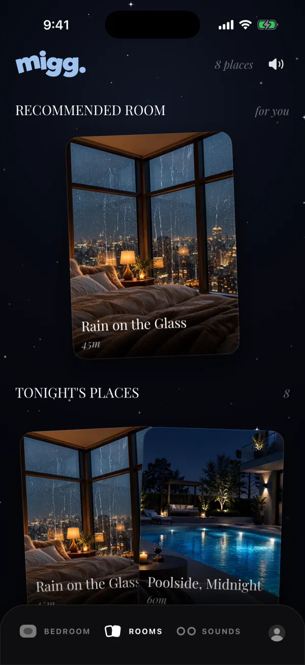 The Rooms screen in migg